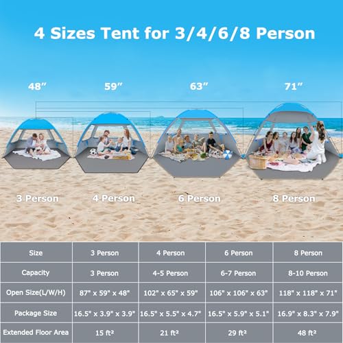 Venustas Beach Tent Sun Shelter for 3/4-5/6-7/8-10 Person, UPF 50+ UV Protection Beach Canopy, Lightweight and Easy Setup Cabana, Portable Shade Tent