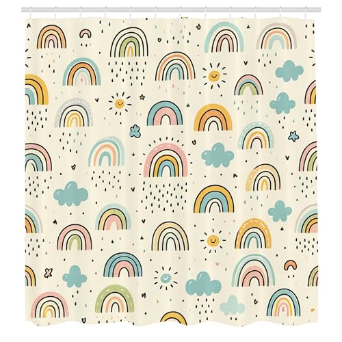 ABAKUHAUS Regenbogen Duschvorhang, Pastellfarbenes Muster skandinavischer Himmel Wolken Herzen Sonne, Stoffliches Gewebe mit Haken, 175 x 200 cm, Elfenbein Orange Blasses Blau