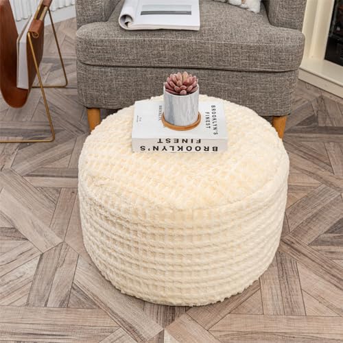 Pouf Ottoman Stuffed, Stuffed Ottoman Foot Rest,Pouf Foot Stool with Filler, 20\"x20\"x12\" Inches Fuzzy Chair, Floor Pouf Chair,Foot Rest with Storage for Living Room, Bedroom (Ivory Pouf with Filler)