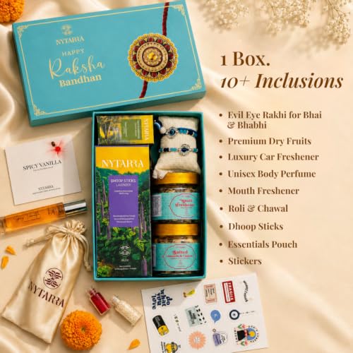 Image of Nytarra Rakhi Gift Box for Brother | 10+ Items Dry Fruits, Car Freshener, Perfume, Evil Eye Rakhi for Bhai & Bhabhi | Rakshabandhan Hamper for Bhaiya | Premium Raksha Bandhan Gift Set
