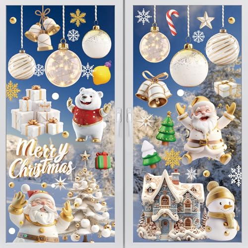 Wothfav Stickers Noel Fenetre, 9 Feuilles Sticker à Effet Stéréoscopique Blanc, 110 Pièces Noël Autocollant Fenêtre Réutilisable, Flocons de Neige Père Noël, Renne, Cloches, Decoration Noël