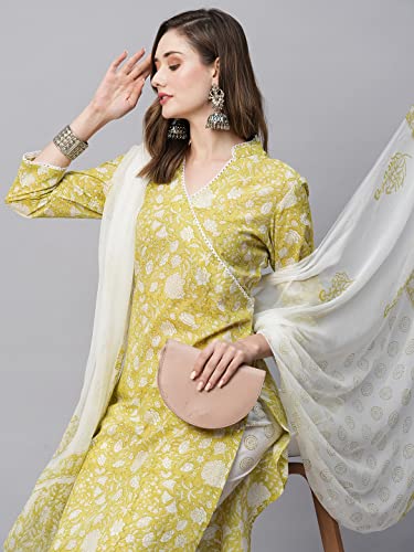 Image of GoSriKi Women's Cotton Blend Straight Printed Kurta with Pant & Dupatta (Avni Green-GS)