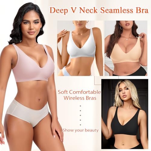 Image of DOCUMO Deep V Bras for Women No Underwire Comfort Wireless Bralettes Adjustable Sleep Seamless Plunge Bra with Bra Extender