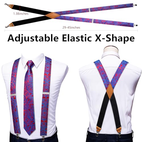 Image of Barry.Wang Men Suspender Set with Necktie Elastic Y Type Heavy Duty 6 Clips Braces Tie Handkerchief Cufflink Pin 6PCS