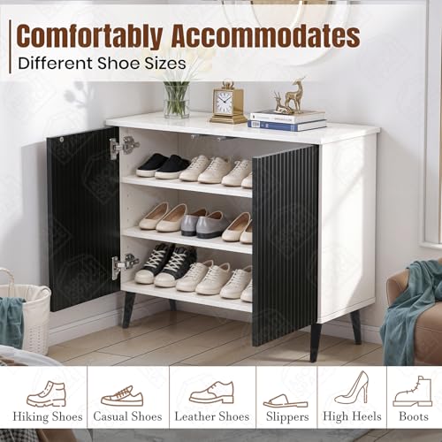 Image of ABOUT SPACE 3 Tier Shoe Rack with Door | Press Open 2 Door Engineered Wood Shoe Stand for Home | Smooth Non-Fluted-Effect Adjustable Shelf Raised Legs 9-12 Pair Shoes Storage Cabinet |White & Black