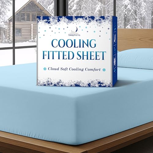 SLEEPHORIA Cooling Fitted Sheet Queen Size - 1 PC BreezeWeave Cooling Sheets for Hot Sleepers & Cool Rest w/ 16 in Deep Pocket - Corner Straps Cloud Soft Ultra Durable - 57 x 77 in (Cool Blue)