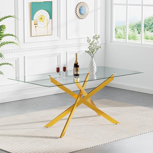 61" Rectangle Glass Dining Table for 4-6, Luxury Kitchen Table with Tempered Glass Top and Gold Metal Cross Legs, Modern Glass Dinner Table for Kitchen Dining Room Small Apartment