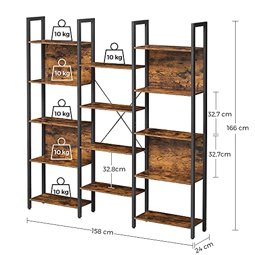 VASAGLE Triple Wide 5 Tier Bookshelf, Bookcase with 14 Storage Shelves, Metal Frame, Living Room, Study, Office, Industrial Style, Rustic Brown and Black ULLS107B01