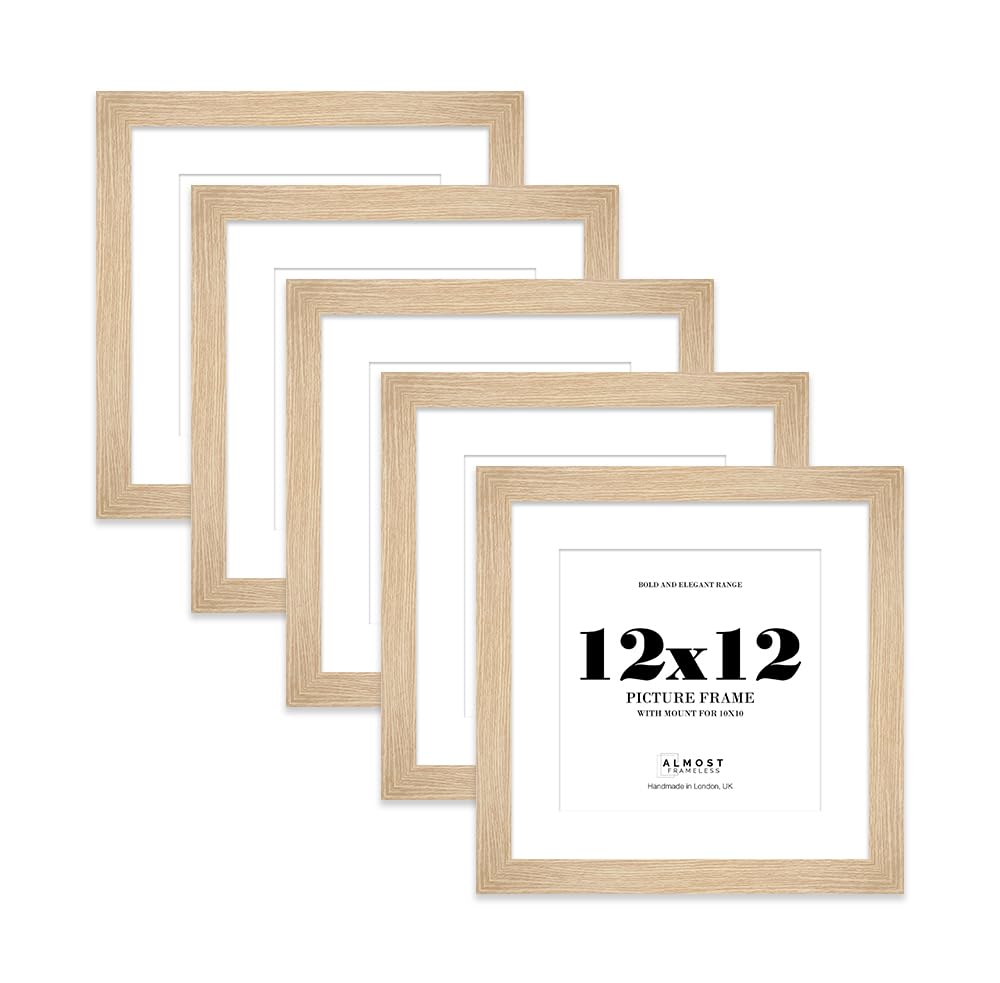 12x12" Oak Square Frame With Mount for 10x10" Pictures 28mm Edge Frame Display with Wall Hooks and Kickstand, 5 Pack