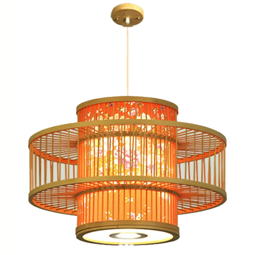 SHUANGZ Chinese Style Bamboo Chandelier with Patterned Faux Parchment Lantern Large Shade E26 Bulb - 18.1" Dome Bamboo Hanging Lamps for Kitchen Island, Dining Room, Hallway, E26 Socket
