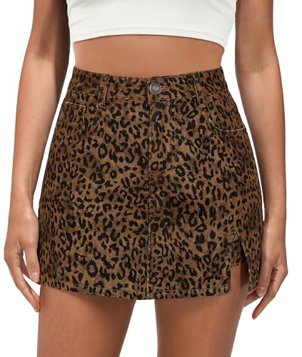 luvamia High Waisted Skorts for Woman Leopard Cheetah Print Mini Side Slit Skirt with Shorts Trendy Cute High Waisted Stretchy Skort Women Brown Cheetah Large US Size 12-14