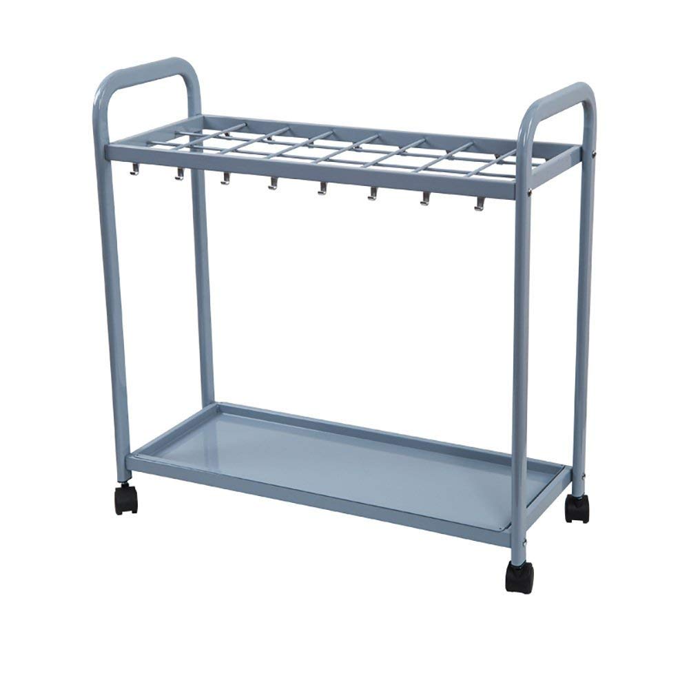Porte-parapluie mobile en métal bleu à roulettes pour hôtel avec bac d'égouttage