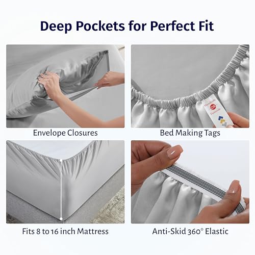 Image of California Design Den King Bed Sheets Set - Certified 100% Egyptian Cotton Percale Sheets King with Deep Pockets, Lightweight, Crisp, Durable Luxury Bedding Set - Light Grey