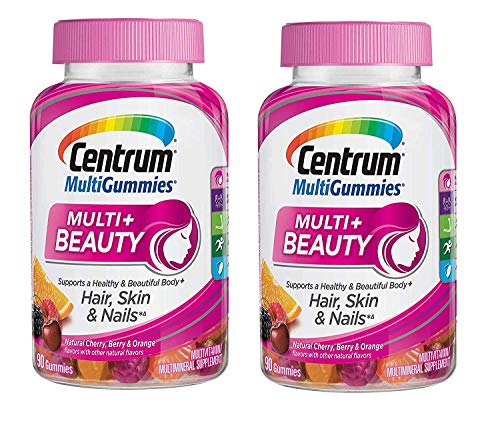 Centrum MultiGummies Multi+Beauty Supports a Healthy and Beautiful Body + Hair Skin and Nails in Natural Cherry Berry and Orange Flavors with Other Natural Flavors (90 Gummies) Pack of 2