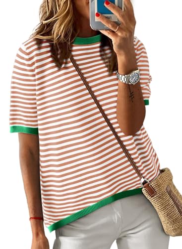 Image of Dokotoo Womens Tops 2026 Casual Summer Crewneck Short Sleeve Striped Color Block Knit High Low Trendy Pullover Sweaters