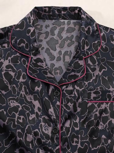 Image of SHENHE Women's 2 Piece Satin Pajama Set Leopard Short Sleeve Button Down Pj Shorts Set
