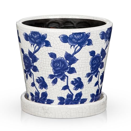 Oairse Maceta de cerámica azul y blanca con orificio de drenaje y platillo, maceta de 14 cm para plantas de interior y exterior, maceta de porcelana esmaltada agrietada para plantas de interior
