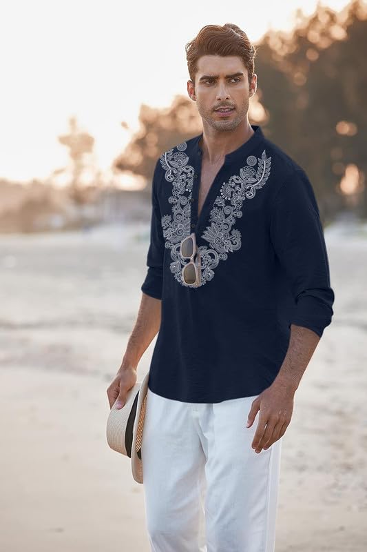 Image of FINIVO FASHION Men's Cotton Blend Short Kurta with Full Sleeves and Ethnic Neck Design | Casual Crinkle Texture Kurta with Mandarin Collar