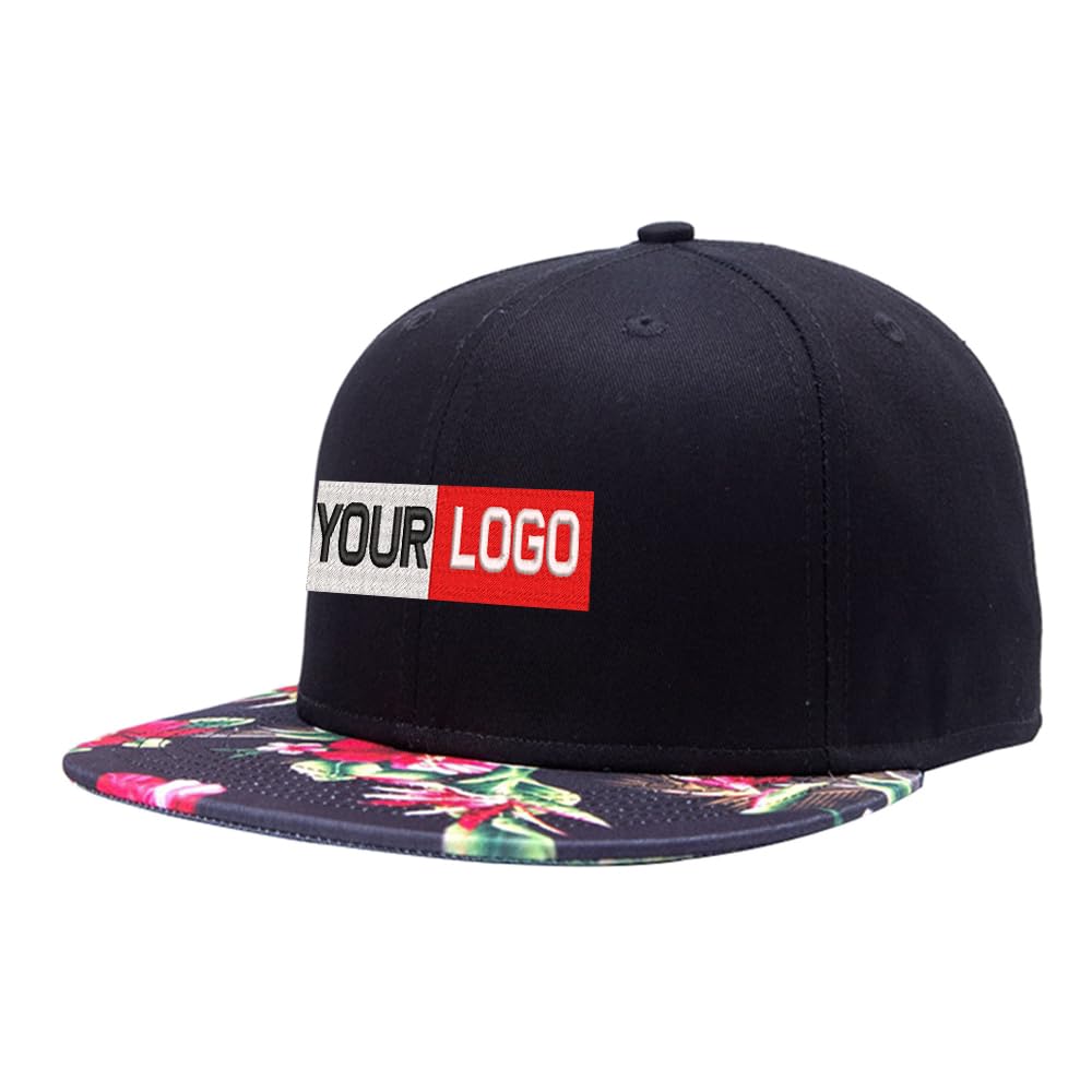 Unisex Flower/Black Custom Embroidery Mens Snapback Baseball Cap Hip Hop Style Flat Visor Adjustable Outdoor Cap Adjustable Breathable