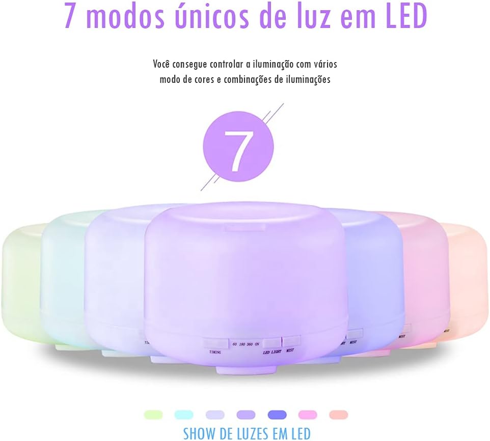 Difusor de Aromas Aromatizador Elétrico 500ml Led 7 cores com Controle Remoto Umidificador e Purificador de Ar para a sua casa e o ambiente de trabalho - Difusor de desligamento automático