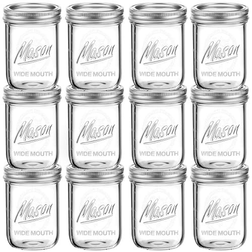Lukfuu Wide Mouth Mason Jars 16 oz with Metal Airtight Lids - Vintage Cute 16 oz Mason Jars for Food Storage, Canning, Preserving, Overnight Oats, Shower Wedding Favors, Measurement Marks, 12Pack