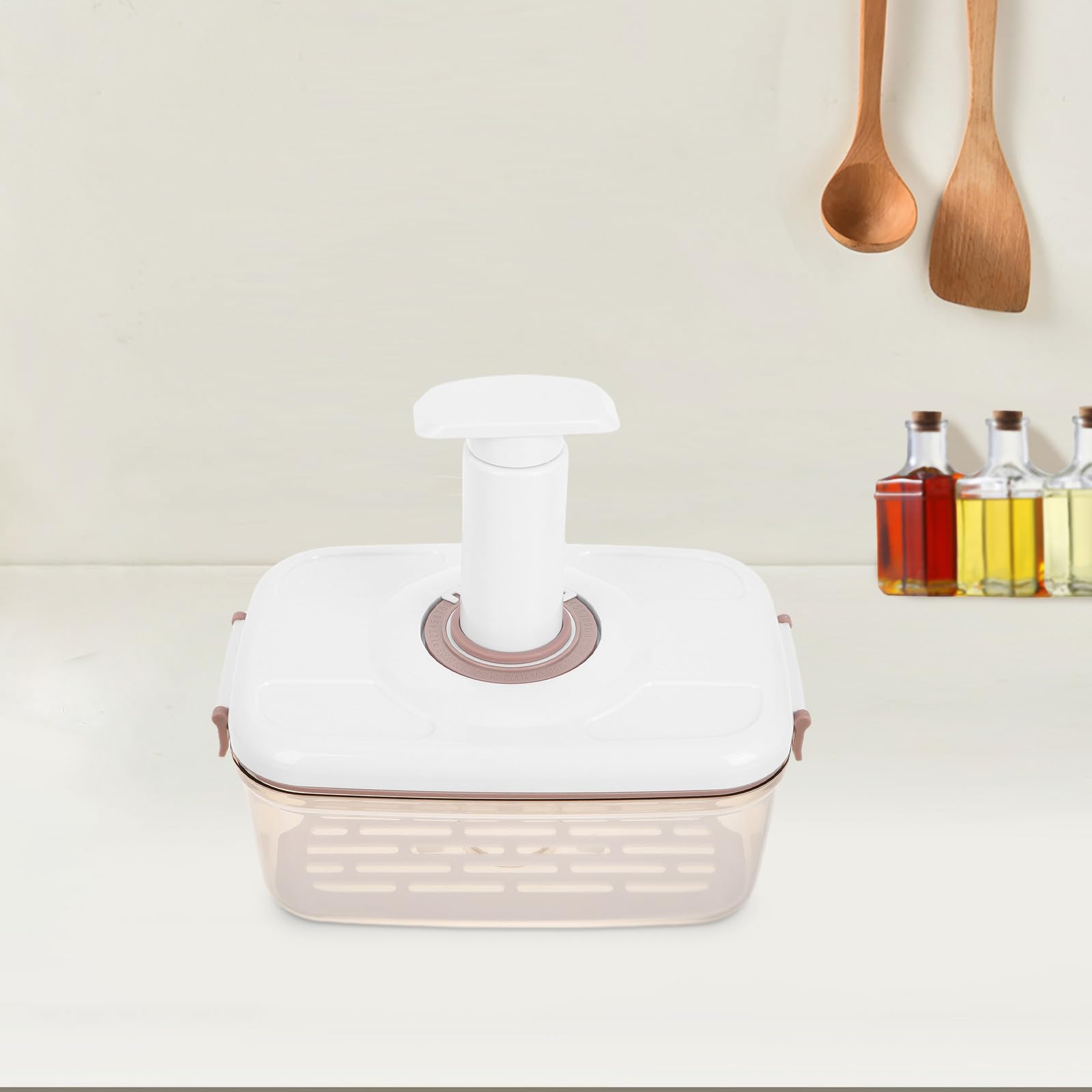 LALAFINA Recipiente para Alimentos de Plástico Beige Sello al Vacío de 2.1 L, Diseño Hermético de Espacio Adecuado para Preparación de Comidas en Cocina