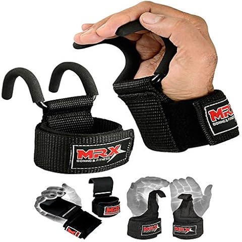 MRX BOXING & FITNESS Power Weight Lifting Hooks with Bar Training Gym Steel Solid Hook Grips Straps Wrist Support Bandage Wristbands Pair Black Cover