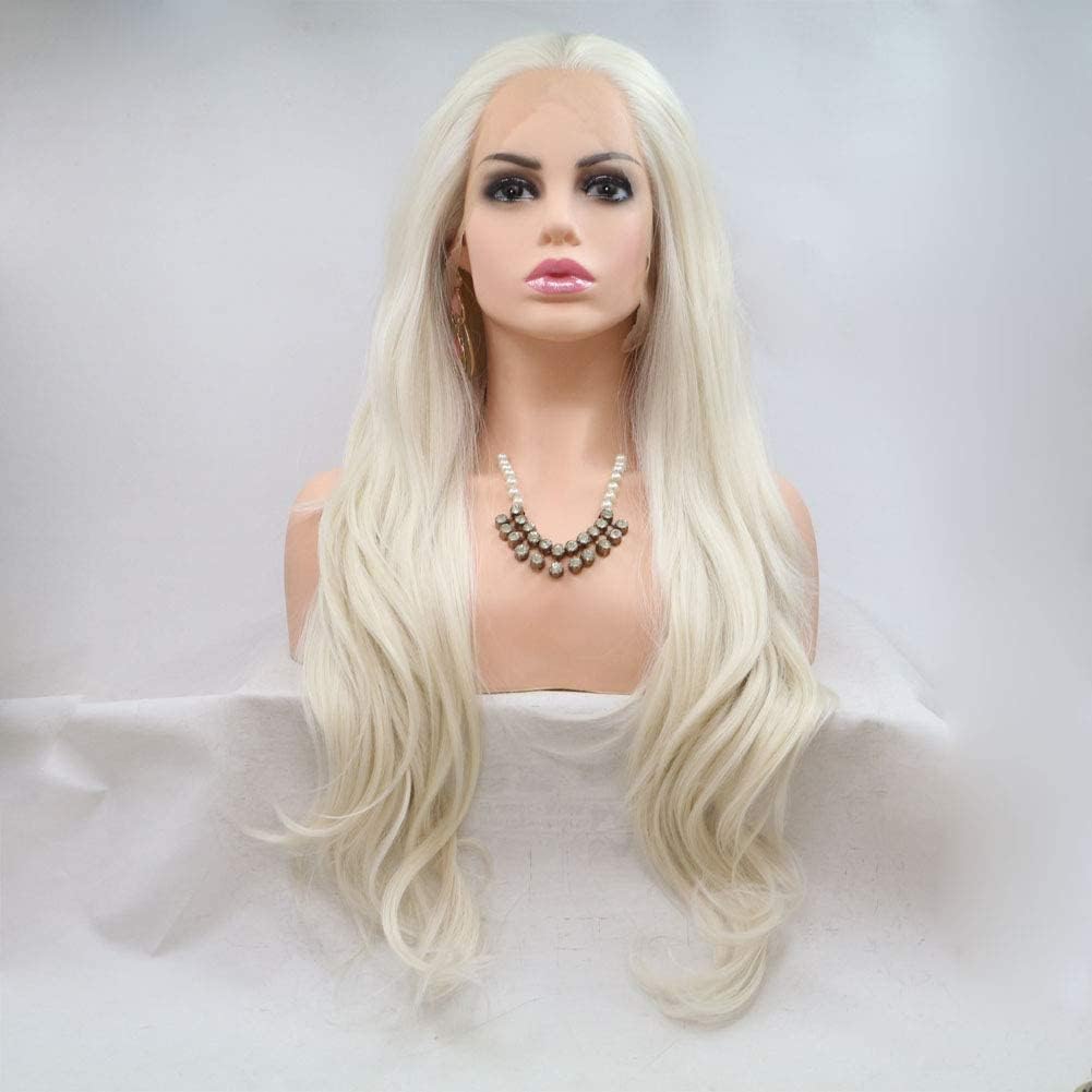AFBeauty Platinum Blonde Wigs Synthetic Lace Front Wig Long Body Wavy 60# Blonde Glueless Wig for Women Heat Resistance Fiber Cosplay Daily Wear Wigs 24 Inch - Image 4