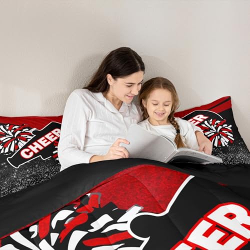 Image of Feelyou Red Glitter Cheer Comforter Set Dreamy Girly Gymnastic Sports Comforter for Kids Boys Girls Gymnastics Lovers Bedding Set Cheer Sports Glitter Duvet Set Room Decor Quilt King Size Boys