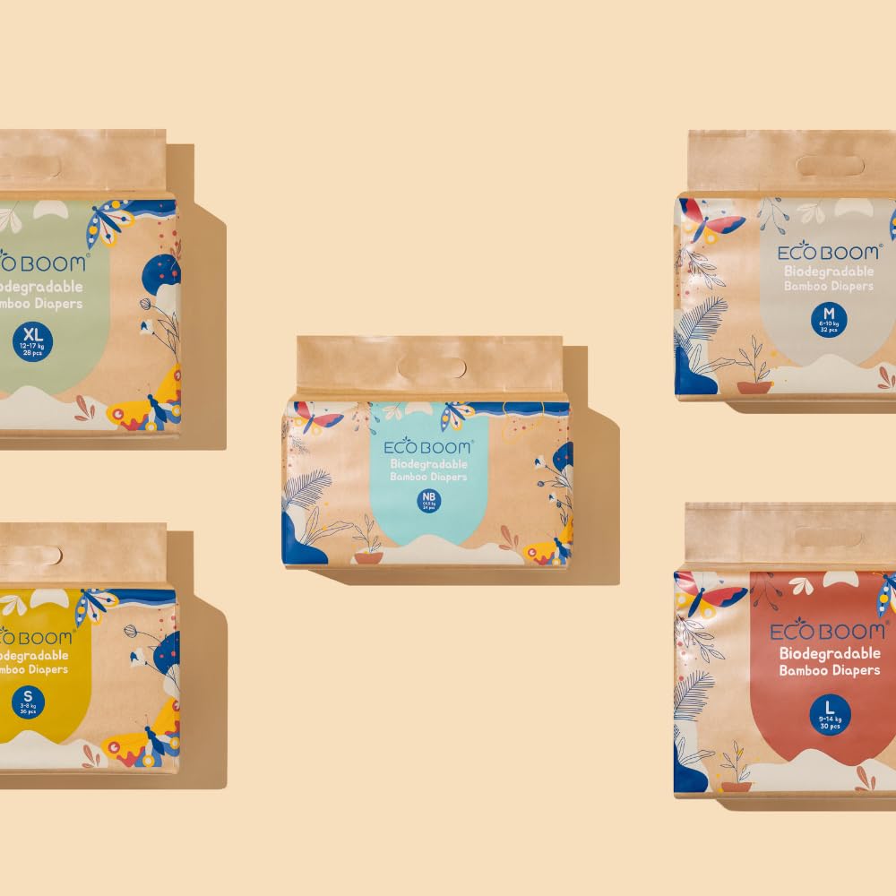 ECOBOOM JOY- Pañal Ecológico de BAMBÚ. 70% Biodegradable, Hipoalergénico (TALLA 3/M, 6-10 KG, PACK 4 BOLSAS - 128 pañales)