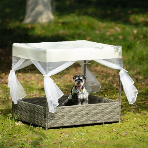 Outdoor Dog Bed with Canopy, Elevated Rattan Dog House for Small Medium Dogs, Wicker Dog Bed with Shade, Dog Cabana with Curtain, Indoor Outdoor Dog Furniture for Patio Deck Yard Pool, Dark Grey