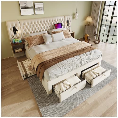 Wyibwy Cama de matrimonio de 180 x 200 cm, con 2 mesitas de noche y 4 cajones, función de carga USB y luz de lectura en el cabecero, cama suave tapizada en terciopelo (sin colchón), color beige