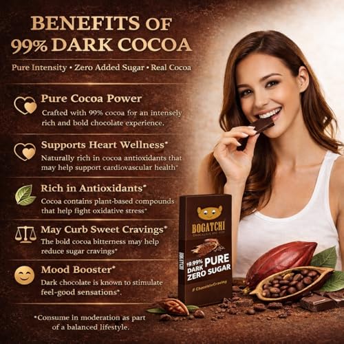 Image of BOGATCHI 99% Dark Chocolate Bar 60g - Zero Sugar & Unsweetened Pure Cocoa | Single Origin Premium Dark Chocolate | Rich in Antioxidants | Keto Chocolate | Healthy Bitter Chocolate
