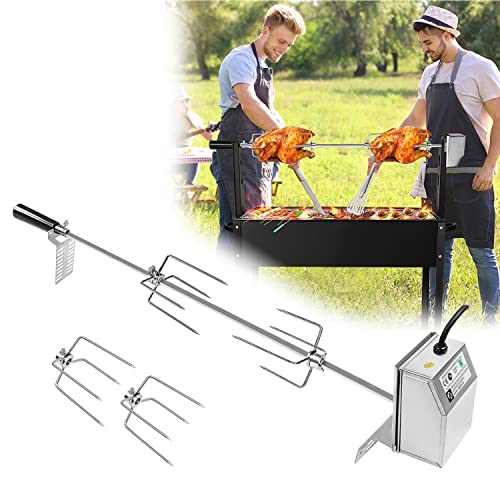 TRMLBE Brochetas Giratorias para Asar de 107 cm - Juego de Brochetas de Acero Inoxidable con Motor de 220 V - 240 V - Incluye 4 Agujas para Carne para Asador y Parrilla de Gas