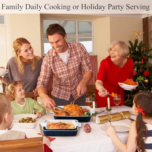 Jemirry Ceramic Baking Dish Set of 3, Casserole Dishes for Oven, Square Porcelain Bakeware Set with Handles, Lasagna Baking pan for Cooking, Perfect for Baking and Serving, Housewarming, Halloween, Thanksgiving, Christmas, New Year-Blue
