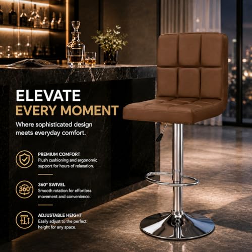 Image of Kemon KaiMeng Modern Adjustable Swivel Bar Stool Chair with Backrest, PU Leather Hydraulic Counter Stool with Footrest for Kitchen Island, Cafe & Home Bar, Brown, Square Tufted Back Stool