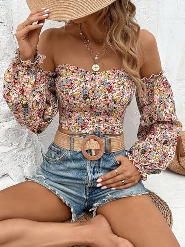 MakeMeChic Women's Off Shoulder Lantern Sleeve Crop Top Boho Ditsy Floral Blouse Shirt4
