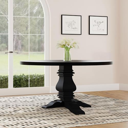 Image of Coaster Home Furnishings - Florence - Pine Wood - Traditional Round Dining Table with Plank Top and Pedestal Base - Dining Room & Kitchen - 60 Inch - Black - 115530