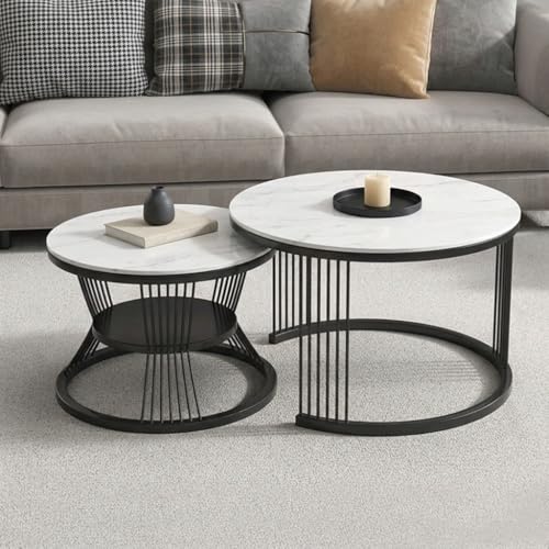 Bright Wood Craft Nesting Coffee Table, 20" Round Coffee Table Set of 2, Wooden Nesting Table with Metal Frame, Center Tables for Living Room Bedroom Balcony Bedside Table Blak White