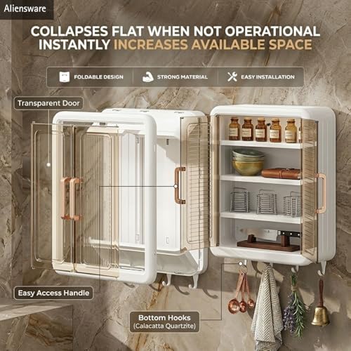 Image of Aliensware Wall Mounted Bathroom Organiser, Self Adhesive Storage Cabinet with Doors and Shelves Rack for Kitchen Home Multipurpose Organizer, Aliens Organiser for Makeup, Skincare, Essentials-White
