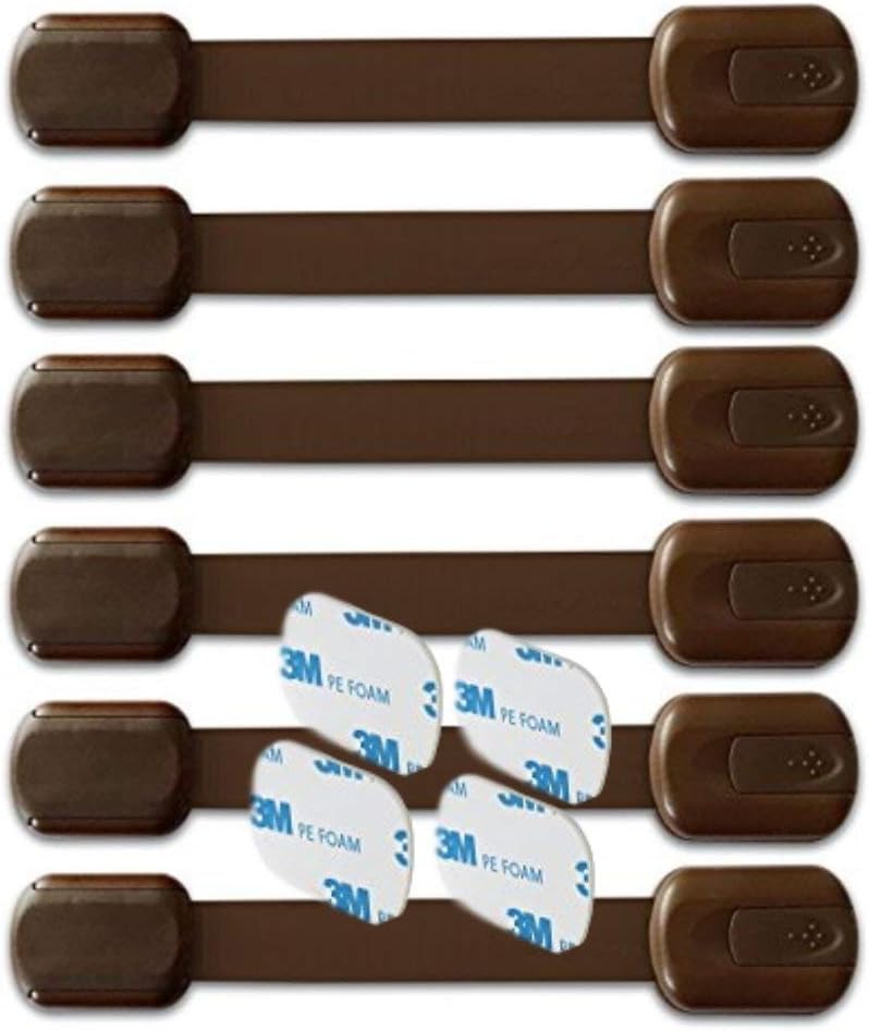 BabyKeeps Child Safety Locks - Latches to Baby Proof Cabinets, Drawers, Appliances - No Drilling - Plus Extra 3M Adhesive Included - Adjustable Length (Brown)