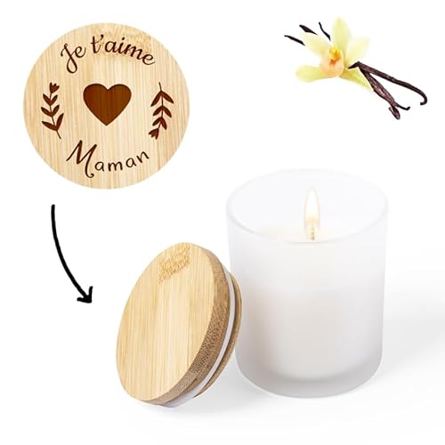 Bougie personnalisable VANILLE - Bougie decorative avec couvercle bois à graver avec Texte & Logo [ Bougie parfumées longue durée ]