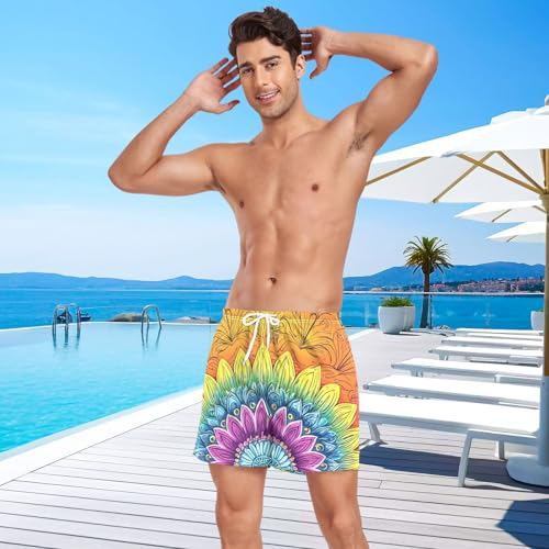 Mens Swim Trunks with Liner, Colorful Florals Middle Cool Quick Dry Beach Swim Shorts, Swimwear Bathing Suits S4