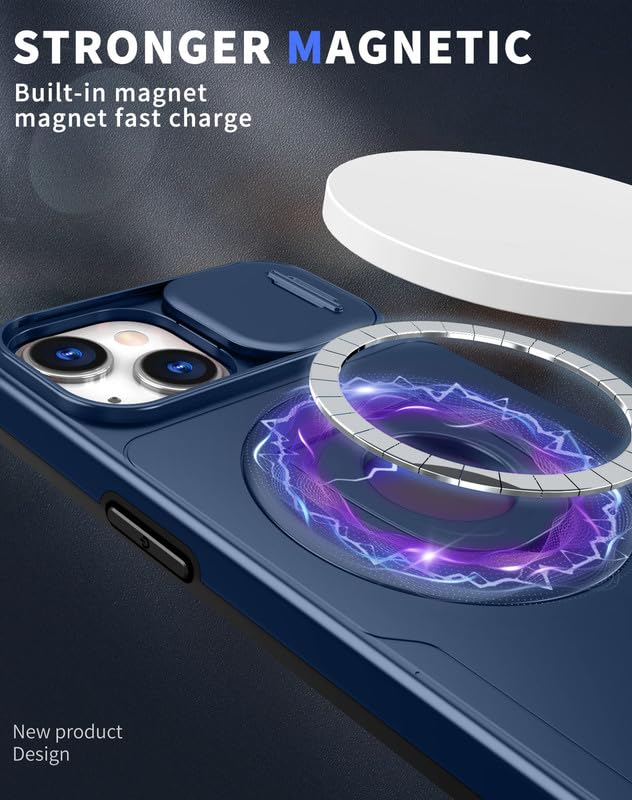 Image of LuxuryKase MagSafe Shockproof Rugged Back Case for iPhone 14 Plus | Finger Ring Kickstand & Sliding Camera Cover | Military Drop Protection | Wireless Charging Support - Blue