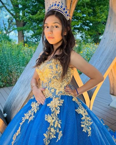 XYAYE Women's Sparkly Tulle Quinceanera Dresses Ball Gown 3D Flowers Strapless Dresses Gold Lace Sweet 15 16 Dress XY0943