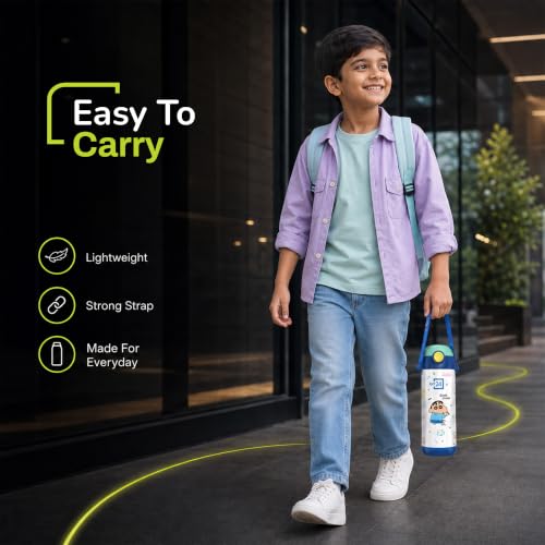 Image of Go24 pexpo Crayon Shinchan ISI Certified Stainless Steel Water Bottle for Kids - 300ml | Hot & Cold Vacuum Insulated Flask | Leak Proof | Carry Strap | School, Picnic - Denim Blue Little Artist