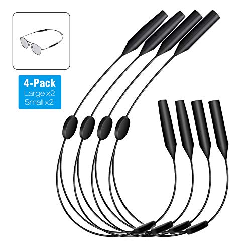 Preisvergleich Produktbild MoKo Einstellbare Brillenhalterung, Universal Fit Sportbrillenhalterung, Unisex Sonnenbrillenarmband Sicherheitsbrille Halter für Herren Damen, 2 Large / 2 Kleine Größe - Schwarz