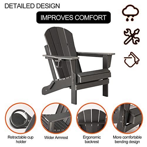 Nalone Folding Adirondack Chair With Cushion With Cup Holder, Hdpe Plastic Oversized Patio Chair Weather Resistant, Used In Outdoor, Fire Pit, Deck, Garden, Campfire Chairs (Grey) #TOP2