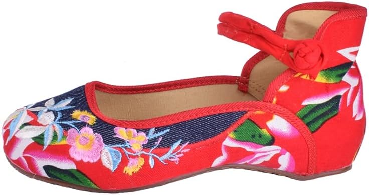 Chinese Women Flats Shoes Casual Chinese Embroidered Cloth Denim Canvas Drive Shoes Woman (Color : Red, Size : 10 Code) (Red 11 Code)