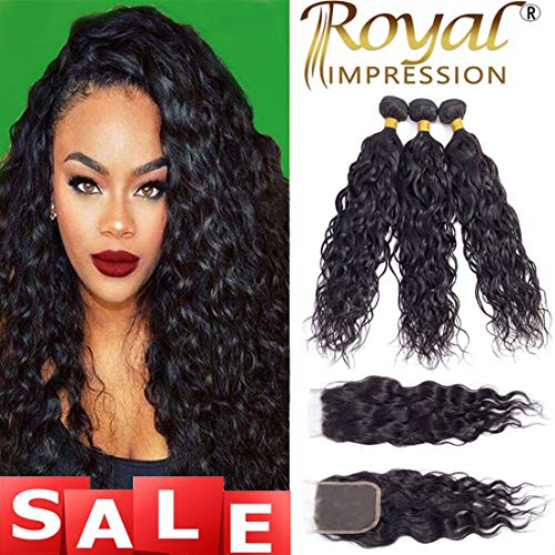 10A Brazilian Virgin Natural Wave Hair 3 Bundles with Closure Natural Color Remy Virgin Water Wave Human Hair Ocean Wave Bundles with Lace Closure Free Part (14"16"18"+12"Closure)